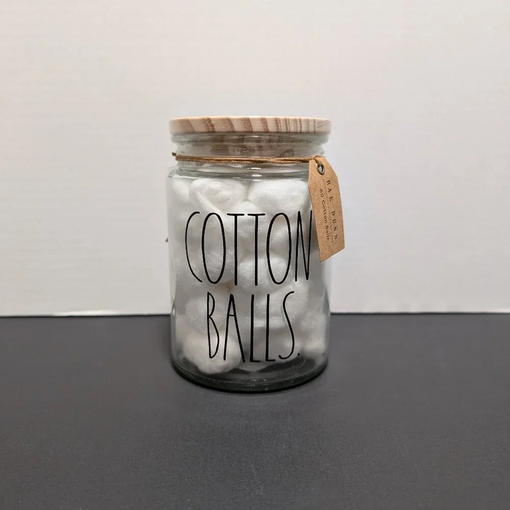 Rae Dunn 2020 Cotton Balls Clear Glass Jar Wooden‎ Lid New Bathroom Canister